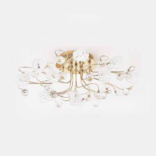 Modern Gold Flowerbud Ceiling Lamp With Bubble Glass - 13 - Light Semi Flush Chandelier