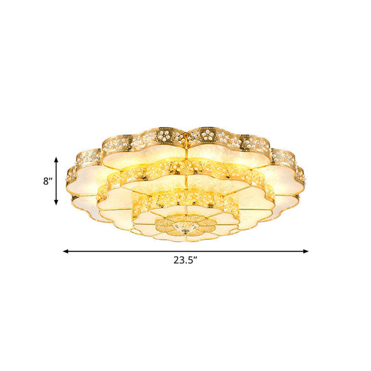 Gold Led Flush Mount Fixture With Crystal Flower Shade - Contemporary Bedroom Ceiling Lamp