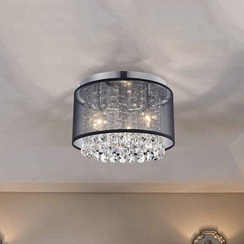 Chrome Flush Mount Lamp With Crystal Drops - Simple & Stylish 3 - Light Cylinder Ceiling Fixture