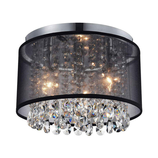 Chrome Flush Mount Lamp With Crystal Drops - Simple & Stylish 3-Light Cylinder Ceiling Fixture