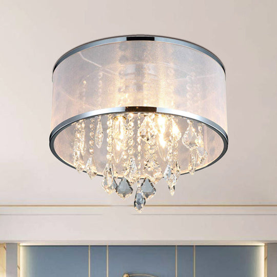 Simple 4 - Light Drum Shade Flush Mount Fixture For Bedroom Ceiling Light With Crystal Accent -