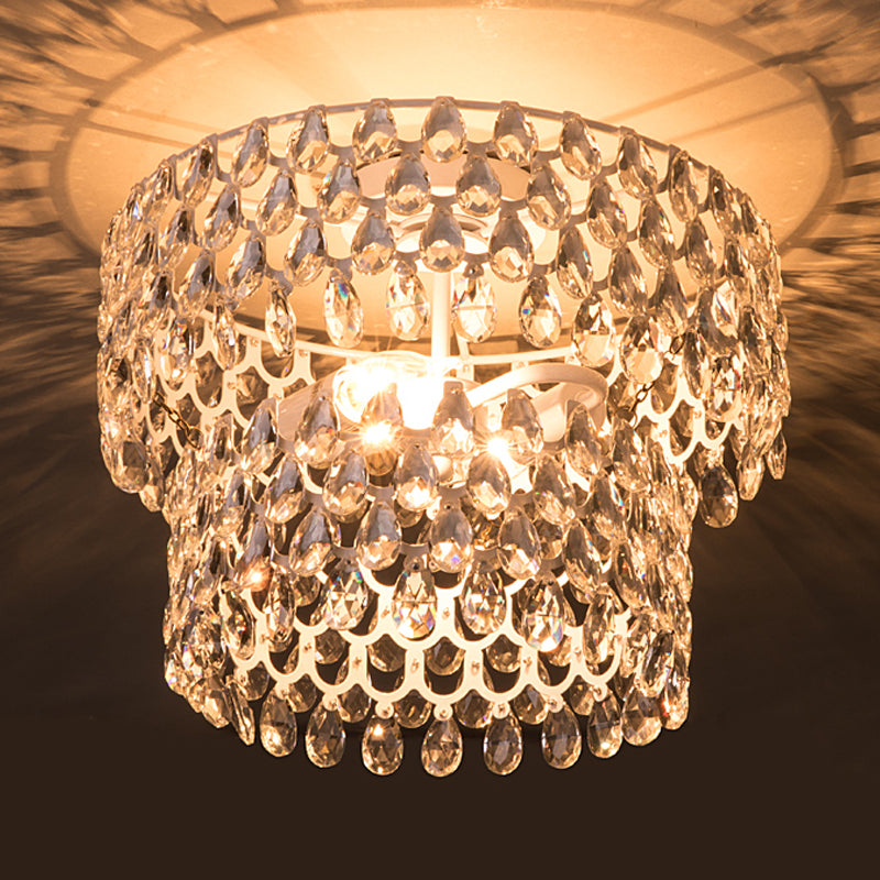 Contemporary Crystal Teardrop Ceiling Lamp With Tiered Design - White Semi Flush Light 2 Heads
