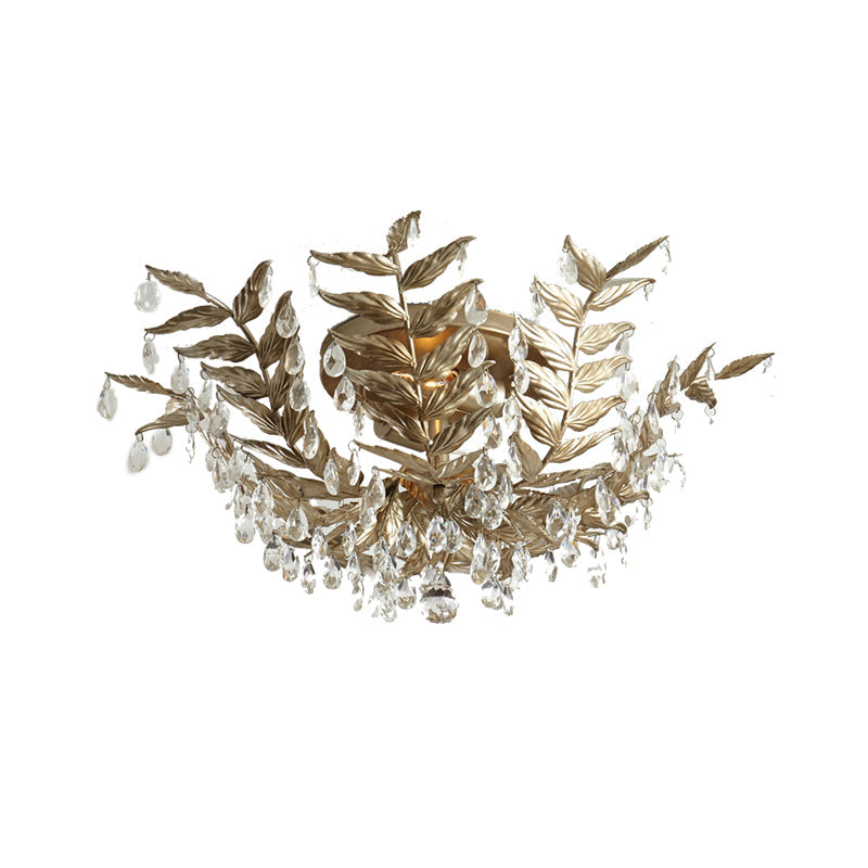 Classic Style Crystal Orb Gold/Black Semi - Flush Mount Leaf Ceiling Light For Bedroom - 10 Heads