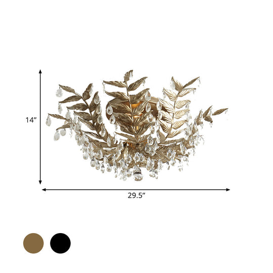 Classic Style Crystal Orb Gold/Black Semi-Flush Mount Leaf Ceiling Light For Bedroom - 10 Heads