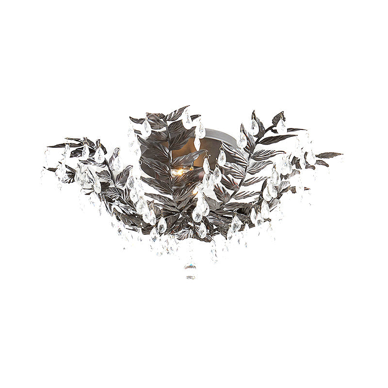 Classic Style Crystal Orb Gold/Black Semi-Flush Mount Leaf Ceiling Light For Bedroom - 10 Heads
