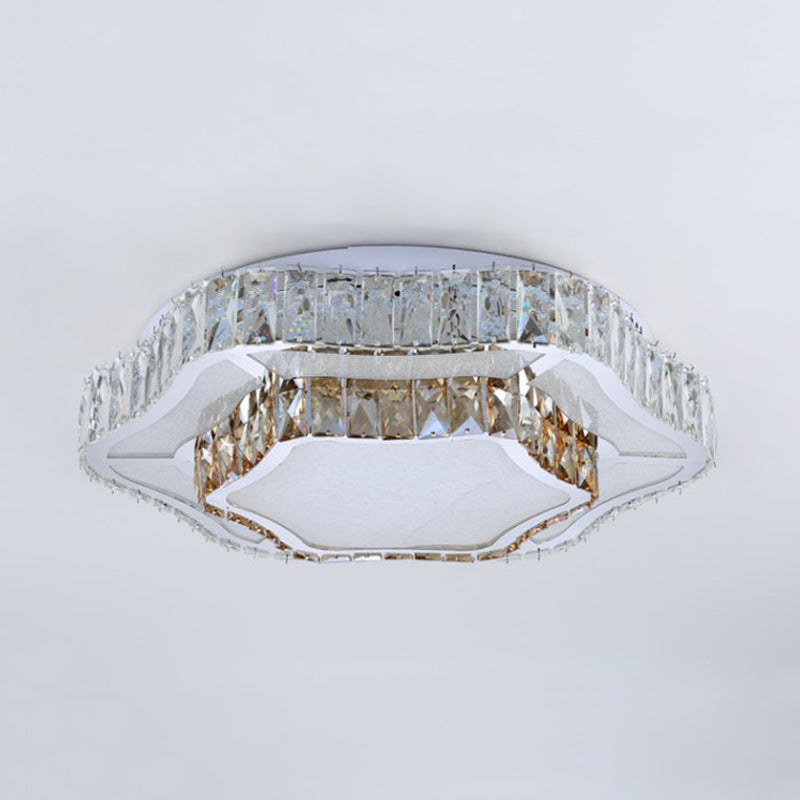 Contemporary Chrome Crystal Led Flush Light With 2 Layers Of Flower Design - Perfect For Living Room