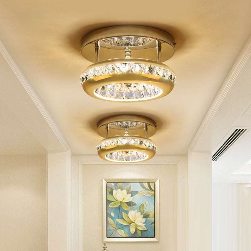 Polished Chrome Donut Ceiling Lamp With Simple Crystal Led Flush Mount Fixture In Warm/White Light