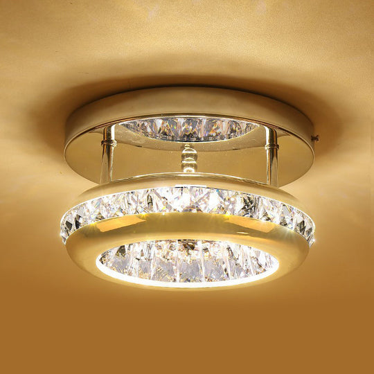 Polished Chrome Donut Ceiling Lamp With Simple Crystal Led Flush Mount Fixture In Warm/White Light