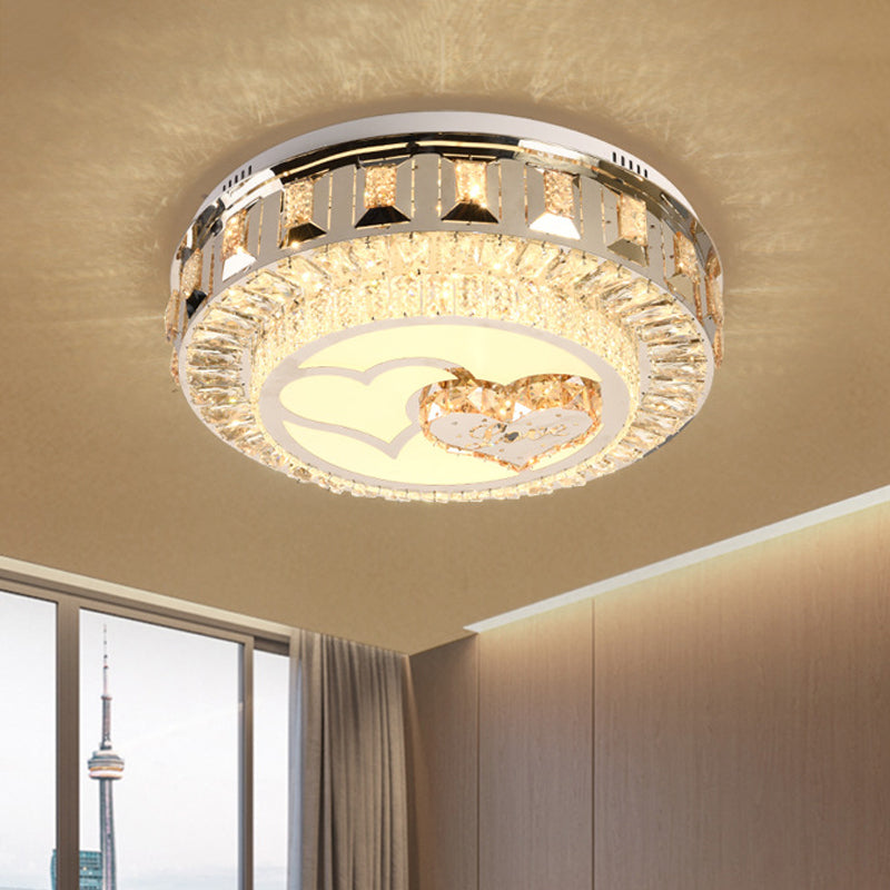 Led Chrome Flush Mount Ceiling Lighting With Stainless Steel Drum Shape And Crystal Accents