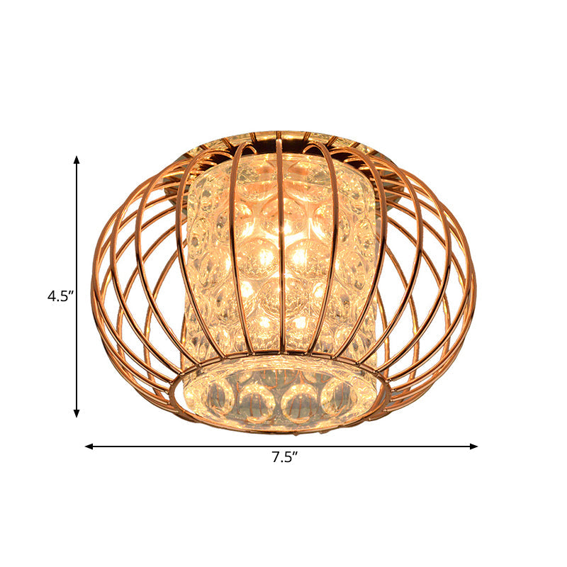 Rose Gold Lantern Cage Led Flushmount Ceiling Light: Cylindrical Bubble Crystal For Simple Corridors
