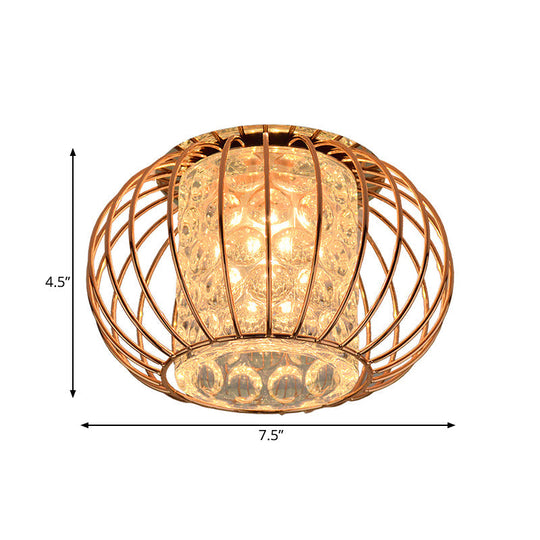 Rose Gold Lantern Cage Led Flushmount Ceiling Light: Cylindrical Bubble Crystal For Simple Corridors