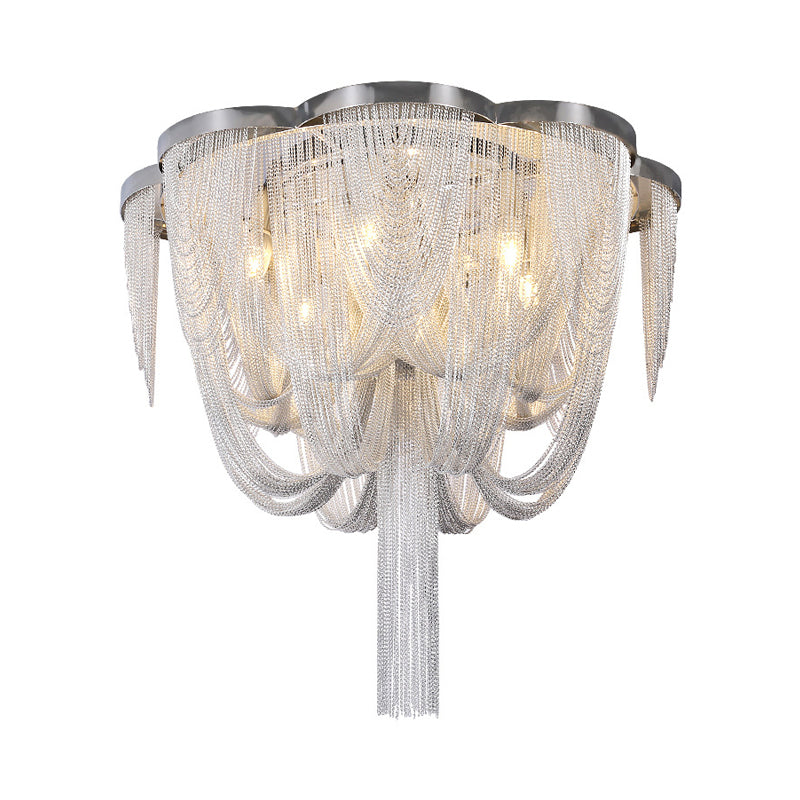 Modern Chrome Finish Flush Mount Ceiling Light | 5 - Light Tassel Chain Chandelier