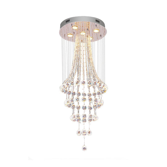 Modern Crystal Ceiling Lamp: Flared Drape 5-Head Flush Mount Fixture In Chrome - Stylish Dining Room