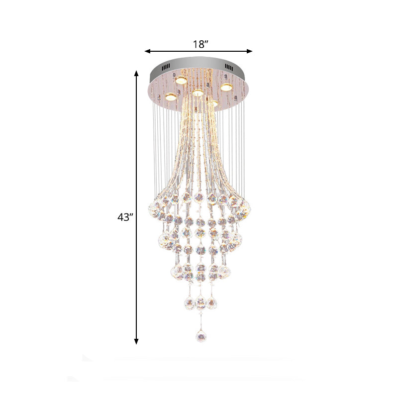 Modern Crystal Ceiling Lamp: Flared Drape 5 - Head Flush Mount Fixture In Chrome - Stylish Dining