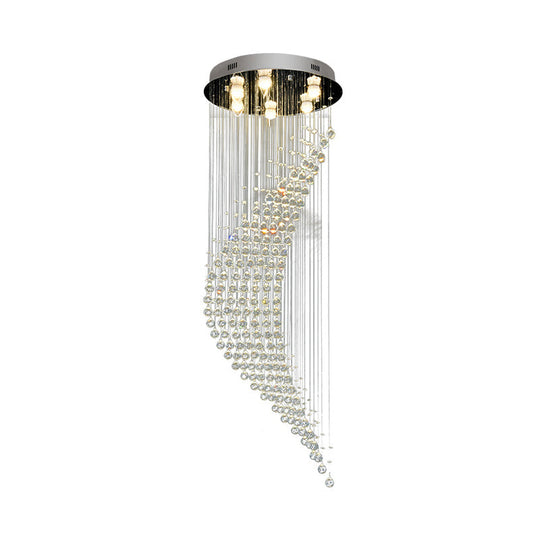 Modernist Crystal Draping Chrome Flush Light With 6 Bulbs - Crescent Shape Ceiling Mount Lamp