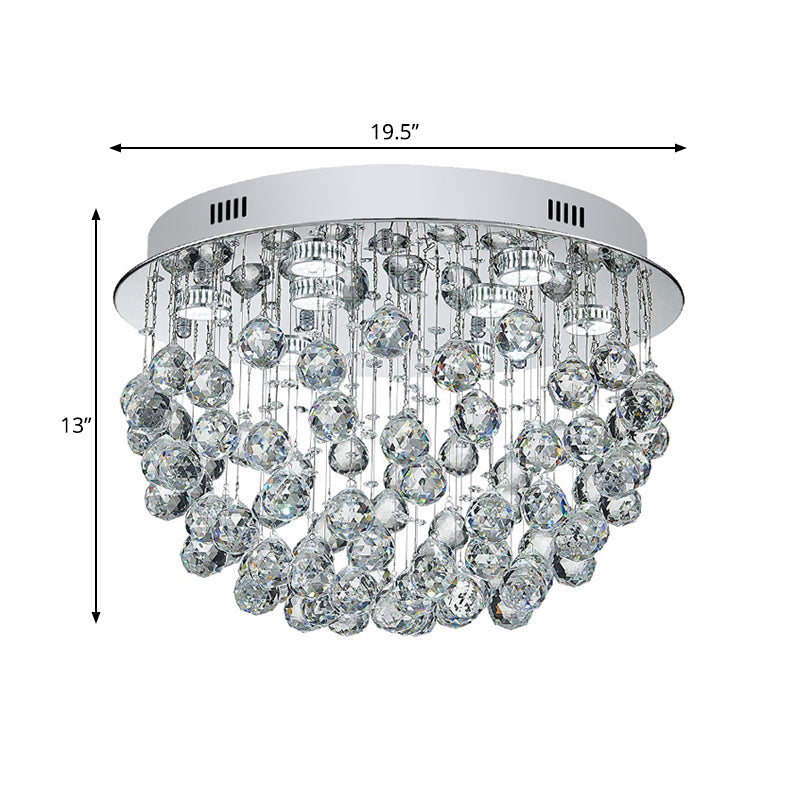 Modernist Chrome Flush Mount Light With 9 Crystal Orbs For Living Room Ceiling
