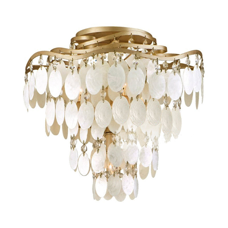 Shell Coastal Chandelier: 4 - Bulb Semi - Flush Fixture With Brass Finish
