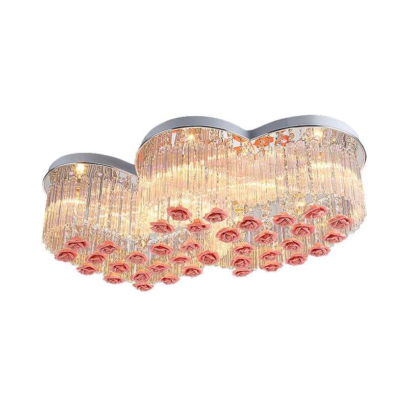 Romantic Crystal Rod Loving Heart Modern 8 - Light Flush Ceiling Light With Pink Ceramic Rose