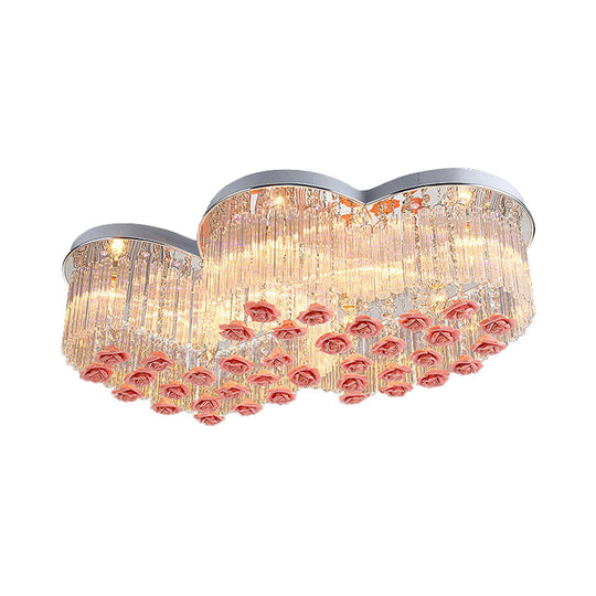 Romantic Crystal Rod Loving Heart Modern 8-Light Flush Ceiling Light With Pink Ceramic Rose Finials