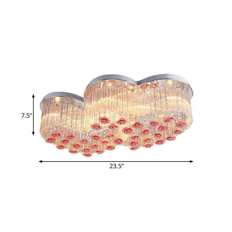 Romantic Crystal Rod Loving Heart Modern 8-Light Flush Ceiling Light With Pink Ceramic Rose Finials