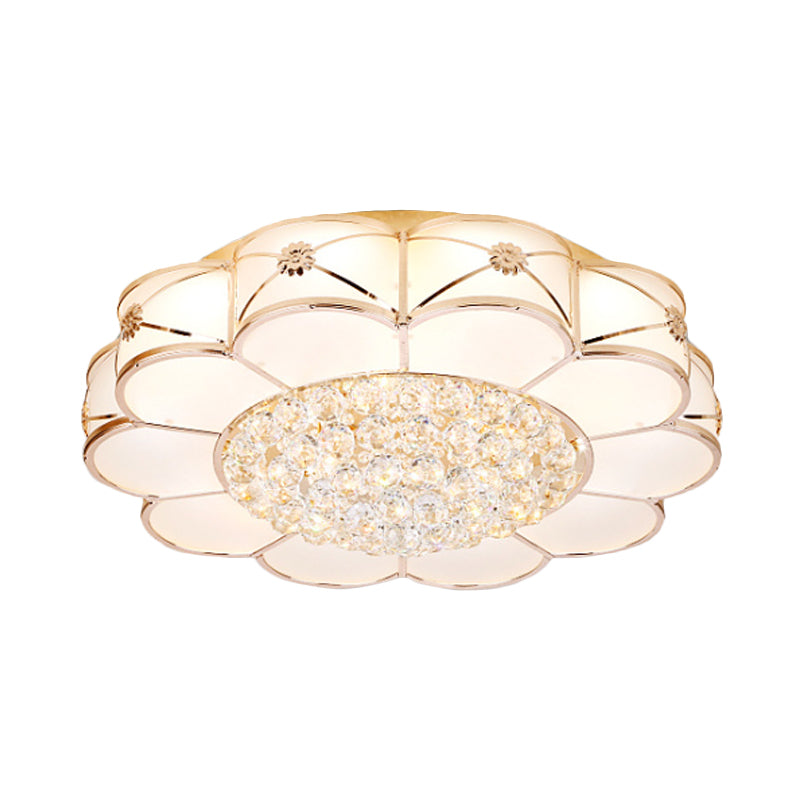Stylish Gold Led Ceiling Light: Modern Frosted Glass Petals Fixture With Crystal Ball Drop