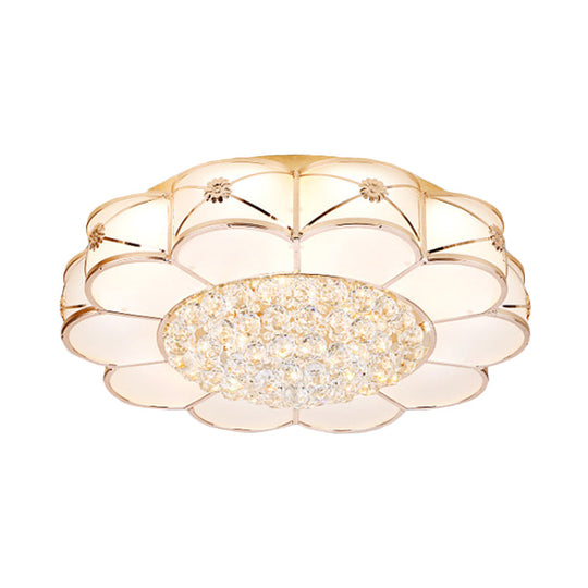 Stylish Gold Led Ceiling Light: Modern Frosted Glass Petals Fixture With Crystal Ball Drop