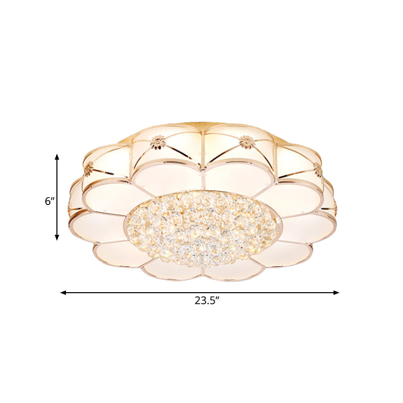 Stylish Gold Led Ceiling Light: Modern Frosted Glass Petals Fixture With Crystal Ball Drop
