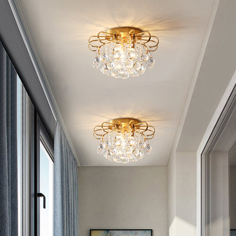 Vintage Gold Crystal Orb Ceiling Flush Mount Chandelier - Flower Living Room Décor Brass