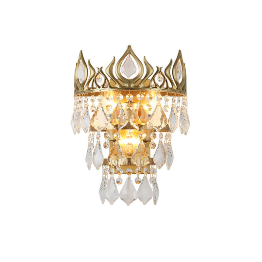 Contemporary Brass Crystal Drip Wall Lamp - Crown Shape Sconce Light Fixture (3 Bulbs)