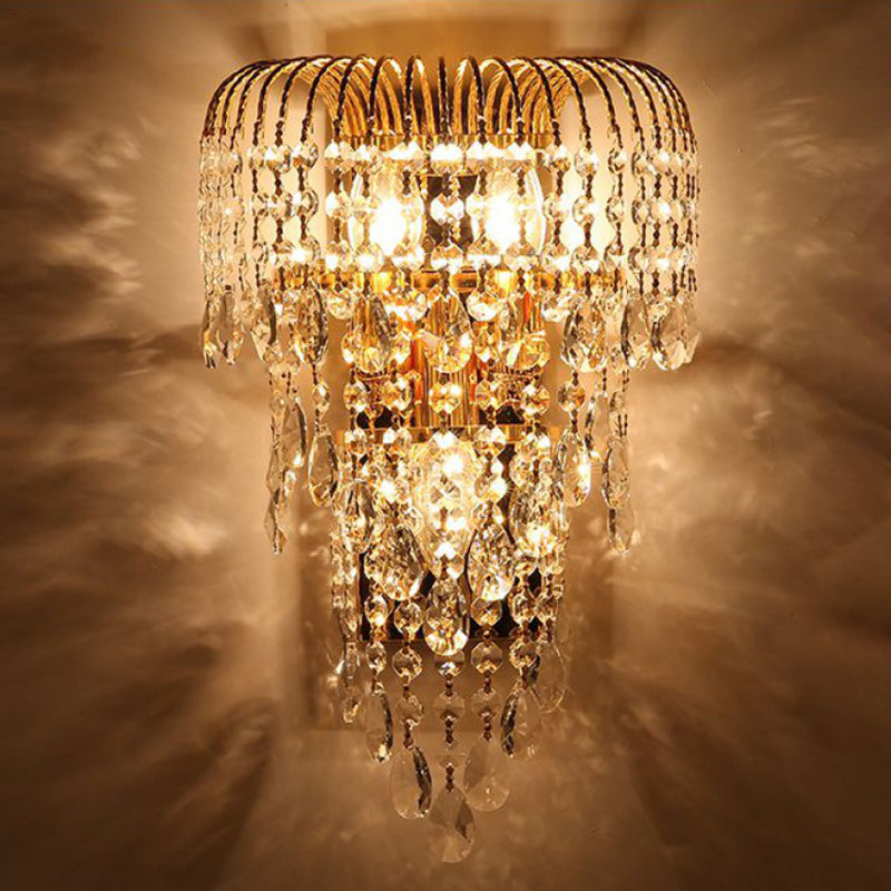 Modernist Gold Wicker Crystal Wall Lamp 3-Light Bedroom Sconce Lighting