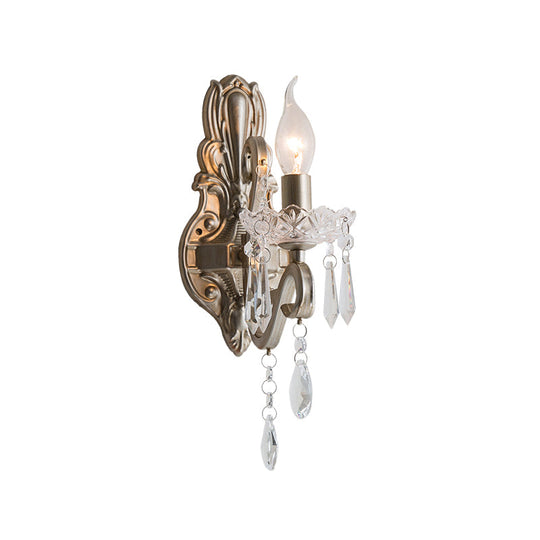 Retro Swirl Arm Silver Finish Wall Sconce With Crystal Drop - Stylish Living Room Lighting