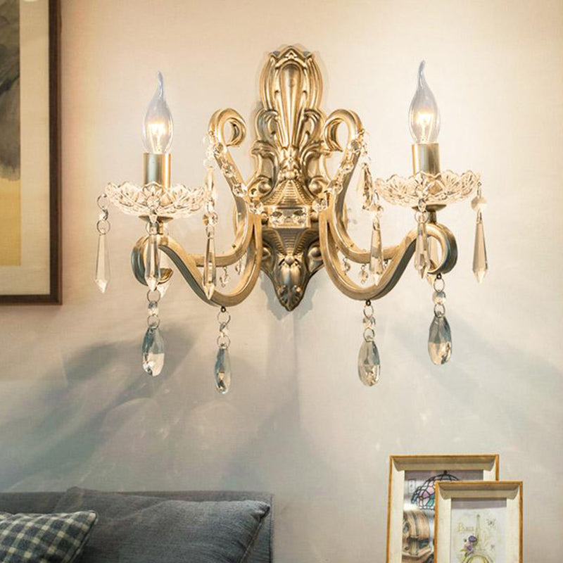 Retro Swirl Arm Silver Finish Wall Sconce With Crystal Drop - Stylish Living Room Lighting