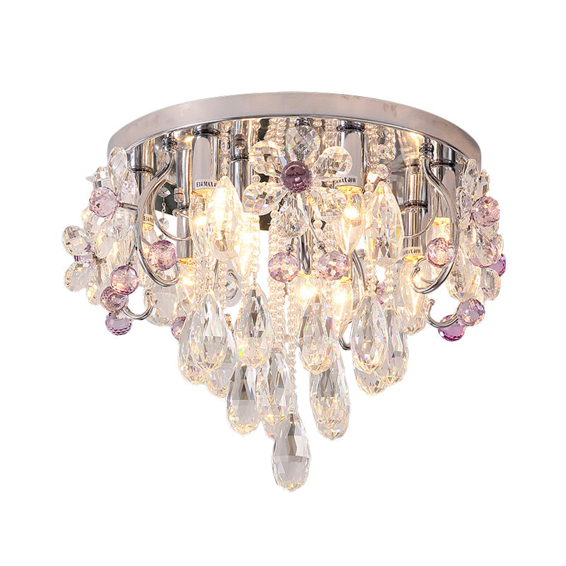 Modern Crystal Flower Flush Mount Ceiling Lamp With Chrome Finish - Perfect For Romantic Bedroom
