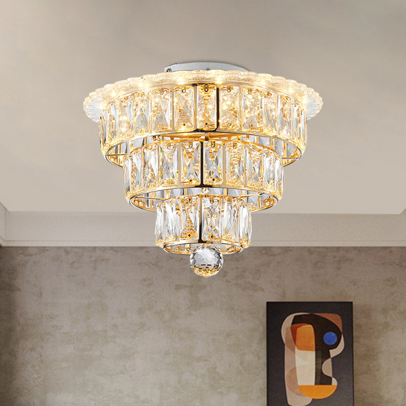 Modern Beveled Crystal Gold Flushmount Led Ceiling Light - 3 Tiers 9.5/12 Inches Wide