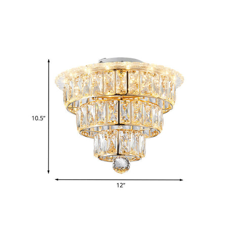Modern Beveled Crystal Gold Flushmount Led Ceiling Light - 3 Tiers 9.5/12 Inches Wide