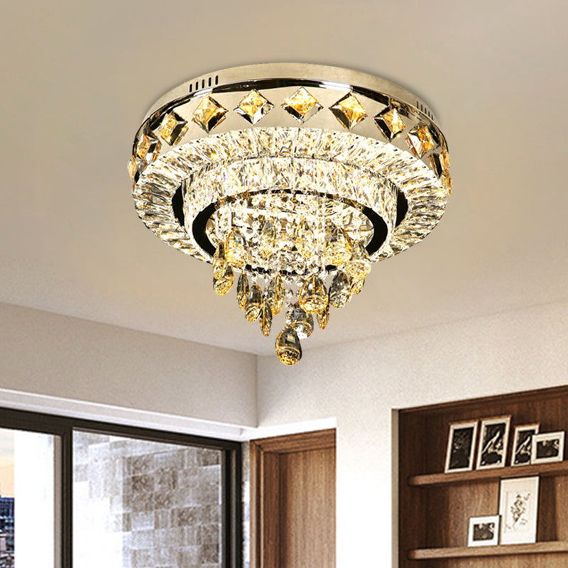 Contemporary Crystal 2-Tier Led Ceiling Flush Mount Lamp - 19.5/23.5 Width Chrome With Drop / 19.5