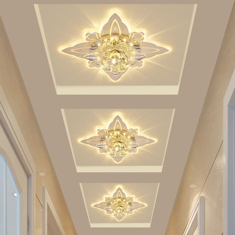 Contemporary Led Flush-Mount Ceiling Lamp With Clear Crystal Floral Design