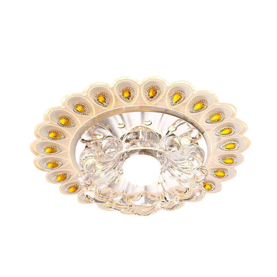Romantic Led Floral Flush Mount Ceiling Light With Clear Crystal And Peacock Feather Accent