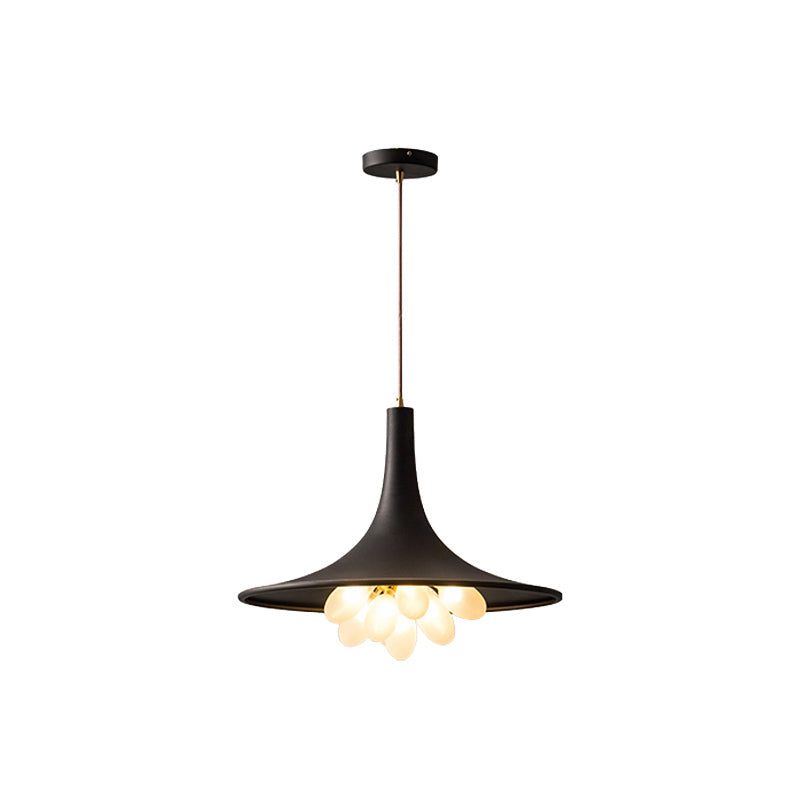 Industrial Black Iron Pendant Chandelier With Wide Flared Shade – Grapes Frosted Glass Dining