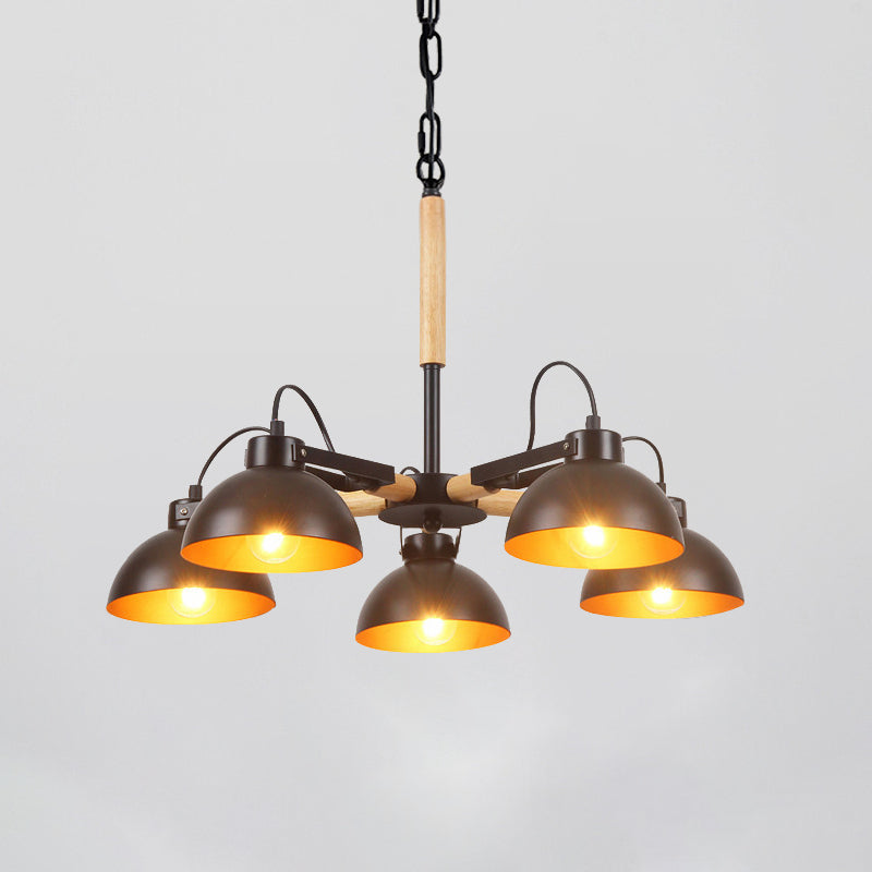 Modern Iron Black And Gold Chandelier With Rotating Bowl Shade Wood Arm - 3/5/6 Head Ceiling