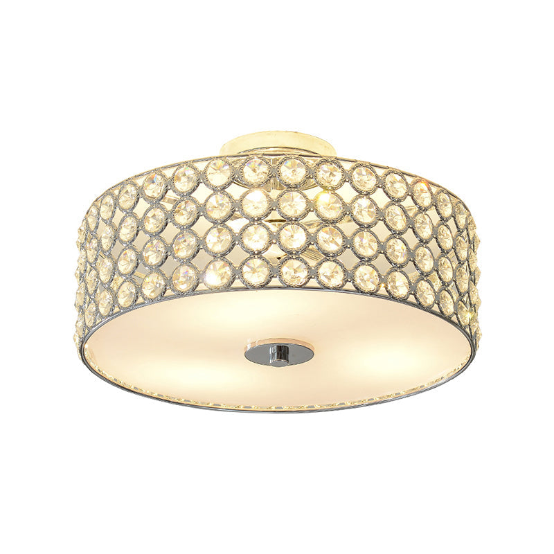 Contemporary Crystal Drum Ceiling Flush Light - 3 - Light White Bedroom Mount Lamp
