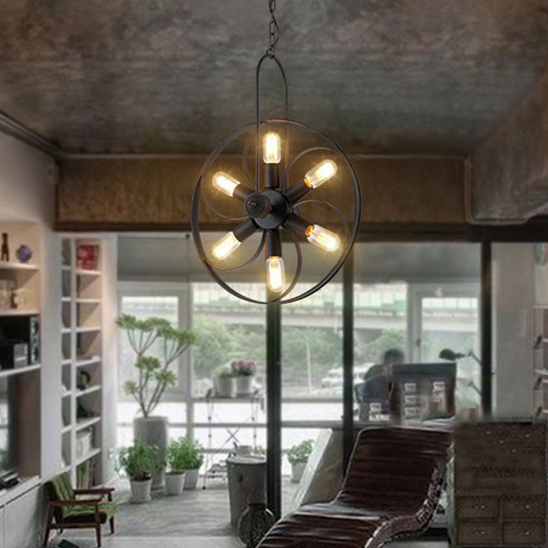 Industrial Metal Chandelier - Black Wheel Pendant Light With 6 Adjustable Lights For Dining Room