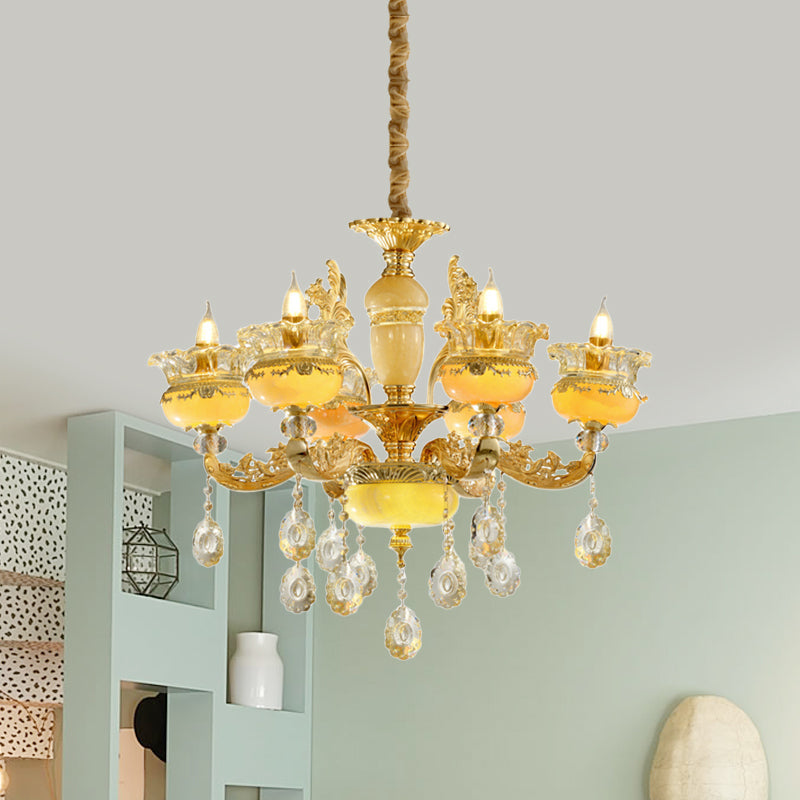 Traditional 6-Light Chandelier With Marble Vase Shade And Crystal Drapes