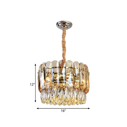 Gold K9 Crystal 6-Bulb Chandelier - Modern Drum Shape 2-Tier Ceiling Light