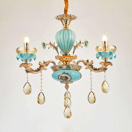 Moroccan Gold-Blue Ceramic Hanging Chandelier With Crystal Drops - 3/6 Bulb Candelabrum
