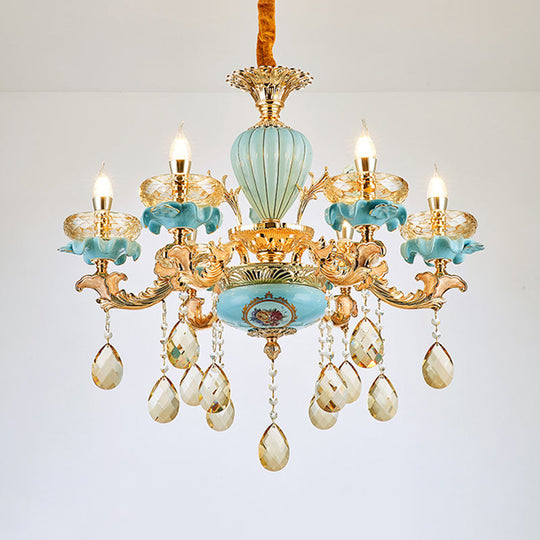 Moroccan Gold-Blue Ceramic Hanging Chandelier With K9 Crystal Drop - 3/6 Bulb Candelabrum Lamp