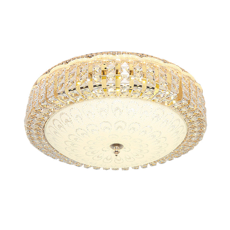 Minimalist Led Crystal Ceiling Light For Hotels - Frosted Flower Glass Shade Gold Finish