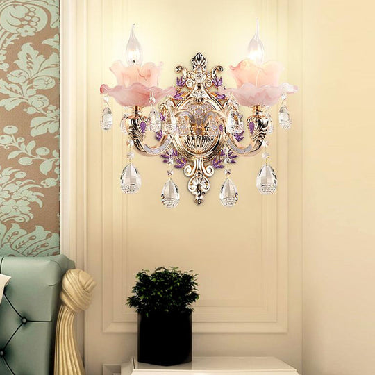 Ruffle Purple Glass Sconce Lamp - Countryside 1/2-Light Wall Mount Lighting With K9 Crystal Drop