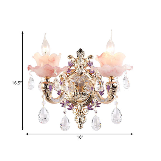 Ruffle Purple Glass Sconce Lamp - Countryside 1/2-Light Wall Mount Lighting With K9 Crystal Drop