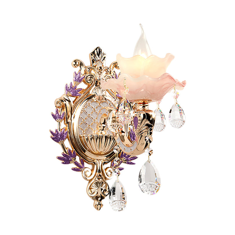 Ruffle Purple Glass Sconce Lamp - Countryside 1/2-Light Wall Mount Lighting With K9 Crystal Drop